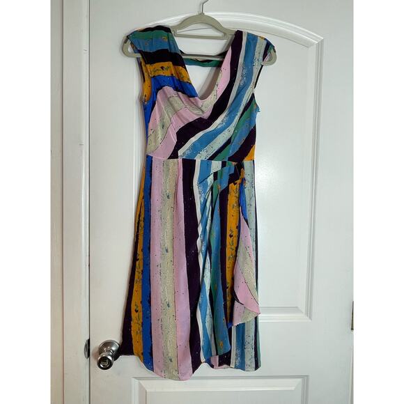 Y2K Plenty by Tracy Reese Silk Dress Size 0 Striped Drape Neck Sash Country Club - Picture 1 of 7